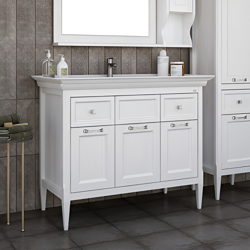 Тумба с раковиной ASB Wood Line Гранда 105 белая, патина серебро