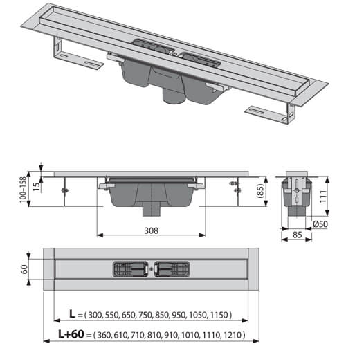 APZ1001-1050 Желоб 60л нерж без реш комбин вертикал. ALCAPLAST