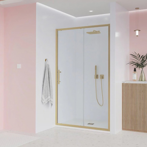 Душевая дверь в нишу Veconi Evo E1-G 150 профиль брашированное золото, стекло прозрачное