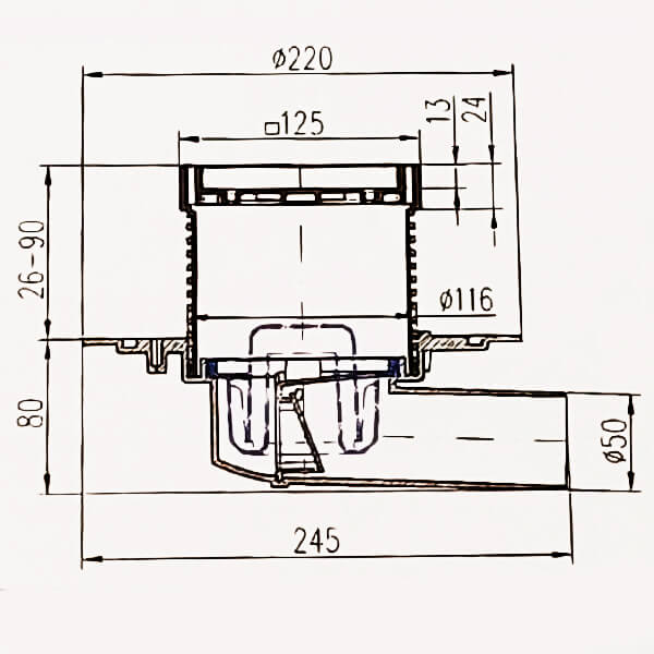 C381A Трап для пола бок/слив под ПЛИТКУ универс DN50 MCH
