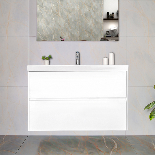 Тумба с раковиной AVS Вернисаж 100 белая глянцевая (раковина белая), подвесная 2 ящика