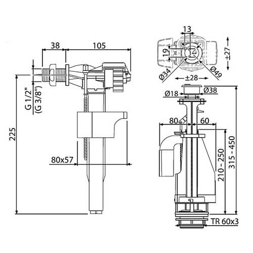 Арматура для унитаза a16 1/2 стоп кнопка металл Alcaplast SA2000K