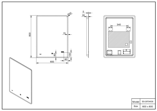 Зеркало 600х800 Led антизапотевание часы Esbano ES-2073HDS