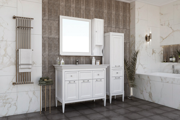 Тумба с раковиной ASB Wood Line Гранда 105 белая, патина серебро