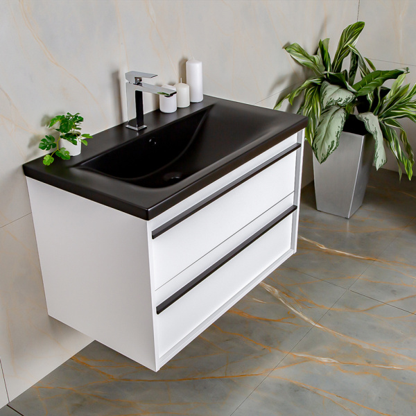 Тумба с раковиной AVS Графика 80 белая матовая с черной ручкой и раковиной