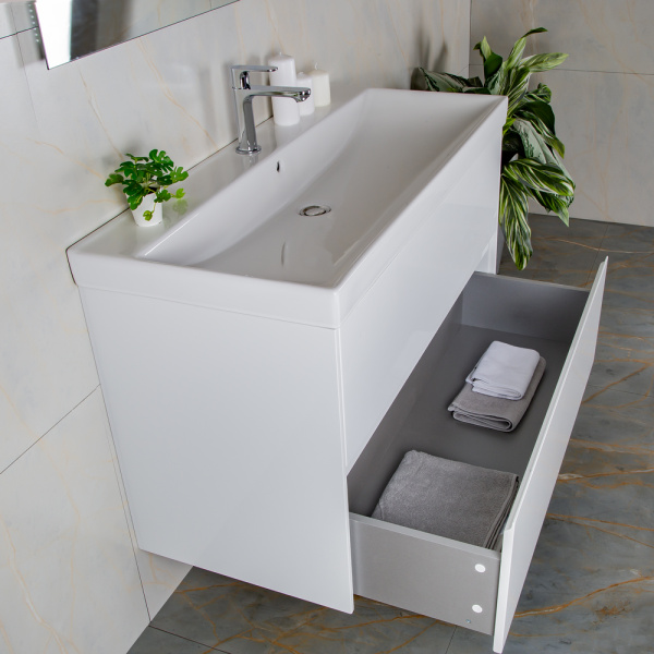 Тумба с раковиной AVS Вернисаж 100 белая глянцевая (раковина белая), подвесная 2 ящика