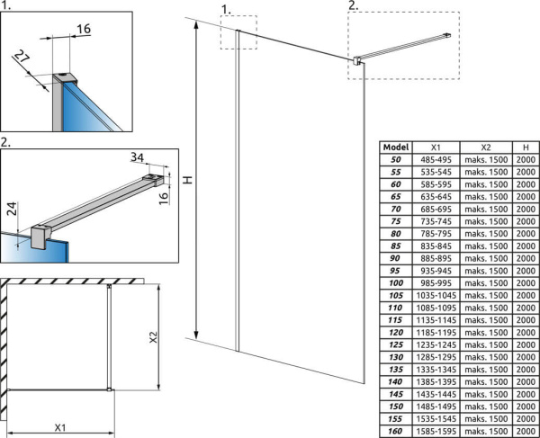 Душевая перегородка Radaway Modo New II Frame 90 профиль черный матовый, стекло прозрачное