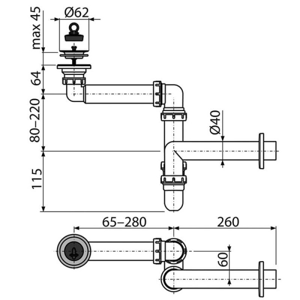 A413 Сифон для умывальника экономящий пространство D 63 ALCAPLAST
