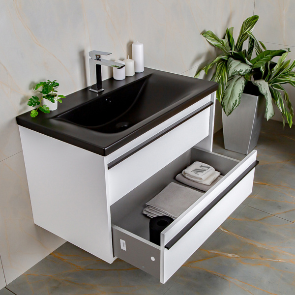 Тумба с раковиной AVS Графика 80 белая матовая с черной ручкой и раковиной